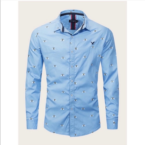 NWT Men’s Blue embroidery Bee Print Button Down - Picture 5 of 5